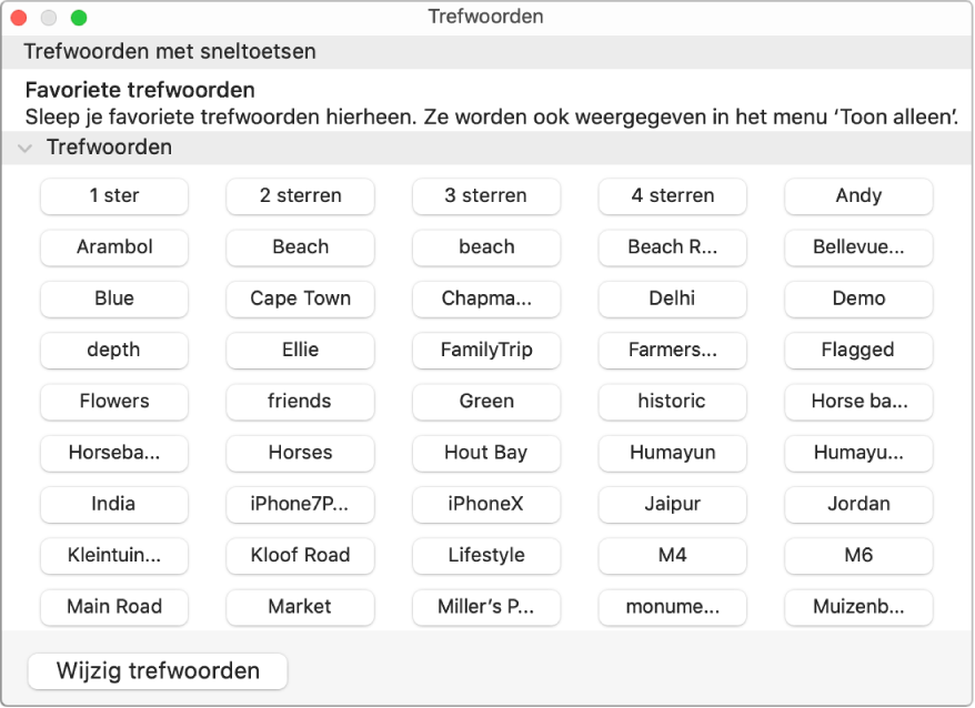 Trefwoorden in het venster van de functie 'Trefwoordbeheer'.