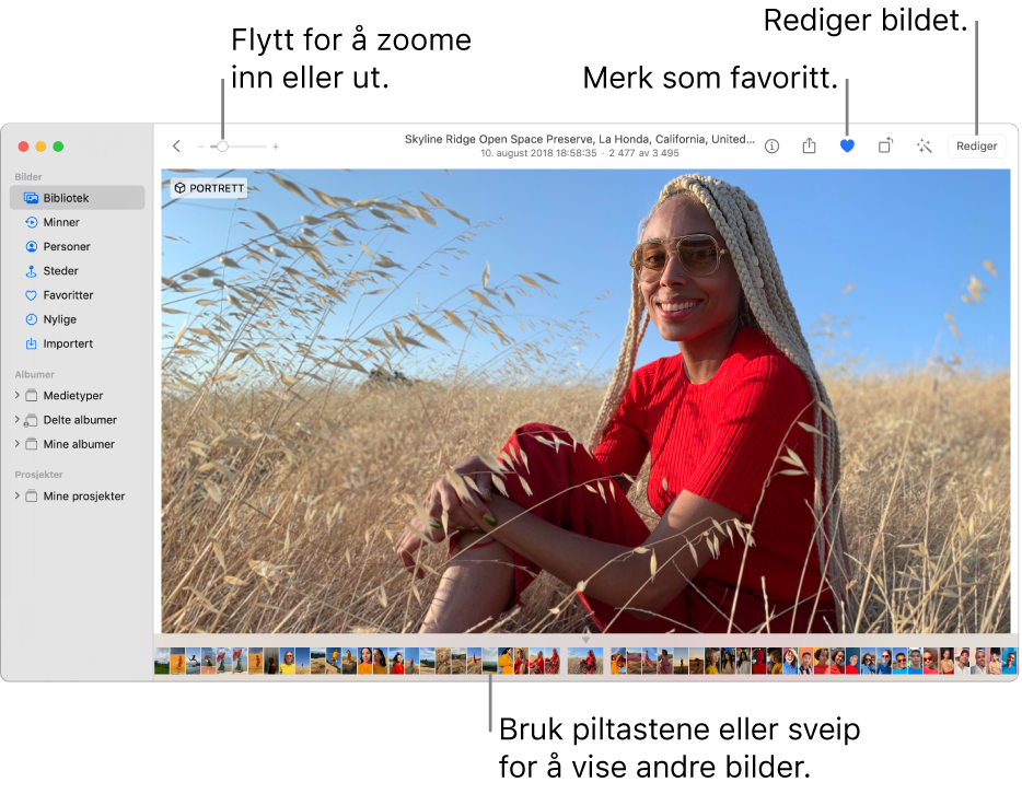 Bilder-vinduet som viser et forstørret bilde på høyre side, med en rad med miniatyrbilder under. Verktøylinjen øverst inneholder Zoom-skyveknappen, Favoritt-knappen og Rediger-knappen.