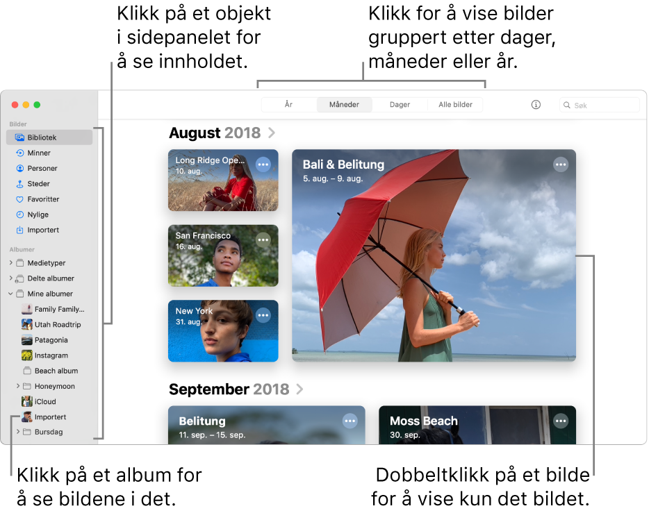 Bilder-vinduet, som viser Måneder markert i verktøylinjen og bilder organisert etter måned vises i hovedområdet av vinduet. Til venstre vises sidepanelet hvor du kan markere albumer og prosjekter.