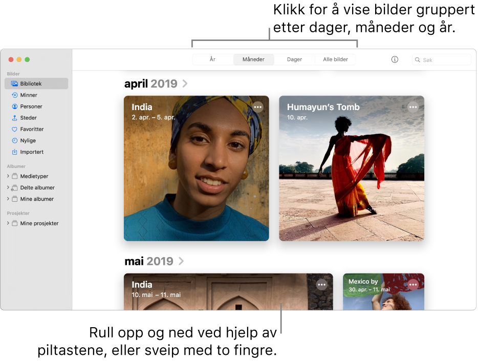 Bilder-vinduet, som viser Måneder markert i verktøylinjen og bilder organisert etter måned vises i hovedområdet av vinduet.