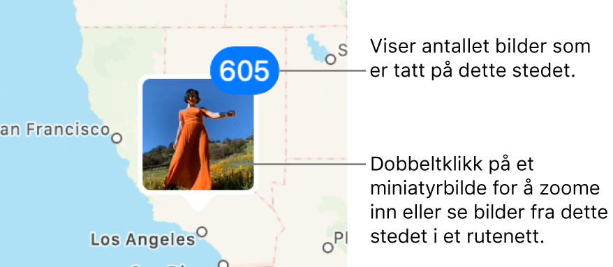 En bildeminiatyr på kartet med et tall øverst til høyre som indikerer antall bilder som er tatt på det stedet.