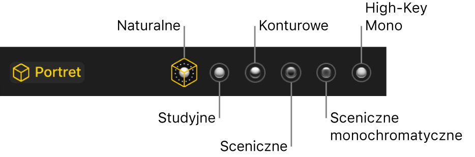 Efekty oświetlenia zdjęcia w trybie portretowym, od lewej do prawej: Światło naturalne, Światło studyjne, Światło konturowe, Światło sceniczne, Światło sceniczne (mono) oraz Światło high key (mono).