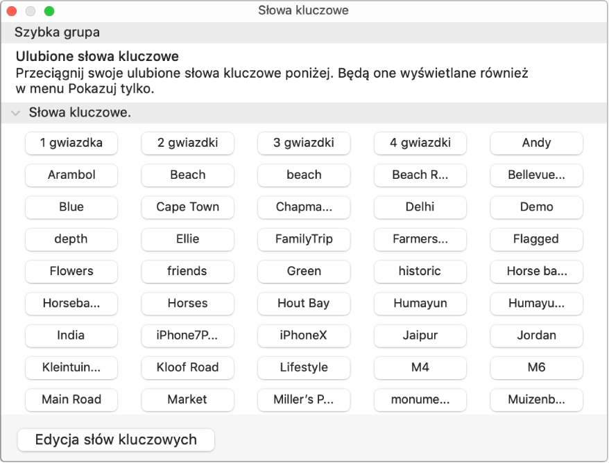 Słowa kluczowe w oknie Menedżera słów kluczowych.