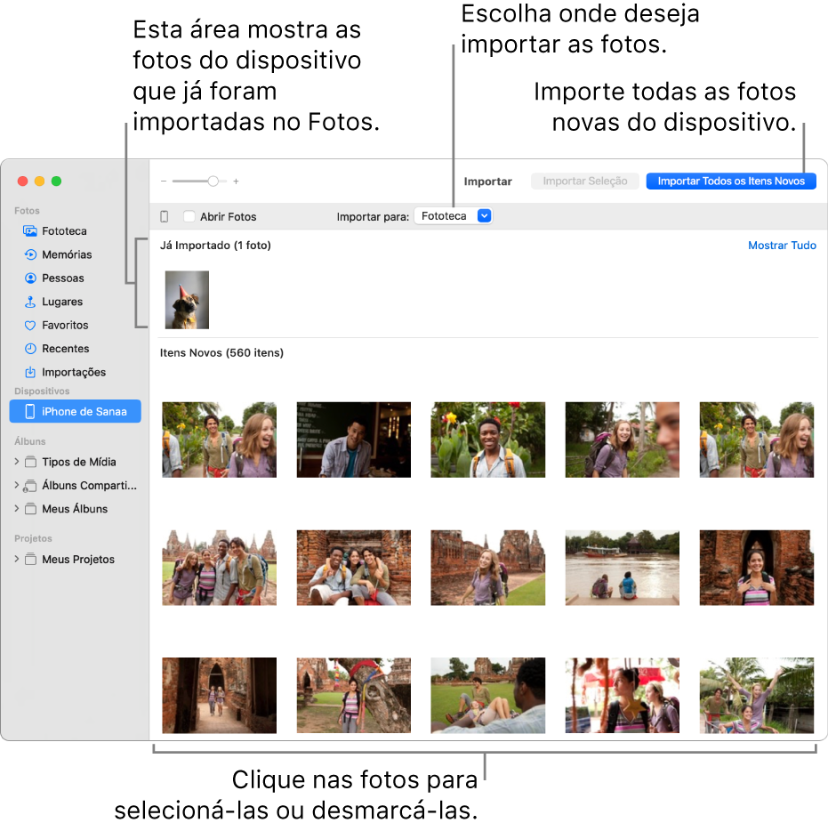 As fotos no dispositivo que você já importou são mostradas na parte superior do painel; as novas fotos aparecem na parte inferior. Na parte superior central, encontra-se o menu local “Importar para”. O botão Importar Todos os Itens Novos está na parte superior direita.
