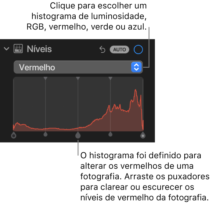 Os controlos de níveis no painel Ajustar, a mostrar o histograma Vermelho com os puxadores por baixo para ajustar os níveis de vermelhos da fotografia.