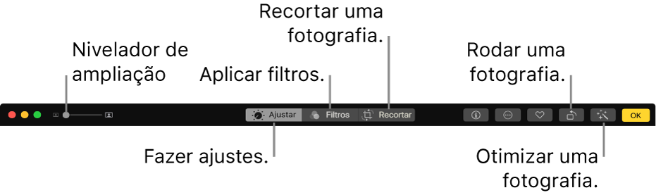 A barra de ferramentas de edição a mostrar o nivelador de ampliação e os botões para efetuar ajustes, adicionar filtros, recortar fotografias, rodar fotografias e melhorar fotografias.