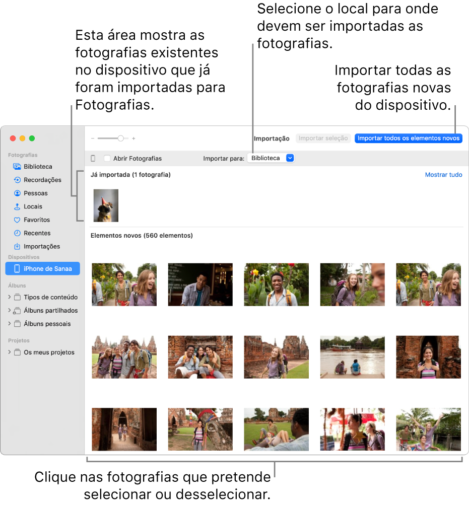 As fotografias que já foram importadas são apresentadas na parte superior do painel, e as fotografias novas na parte inferior. Na parte superior, ao centro, encontra-se o menu pop-up “Importar para”. O botão “Importar todos os elementos novos” encontra-se na parte superior direita.