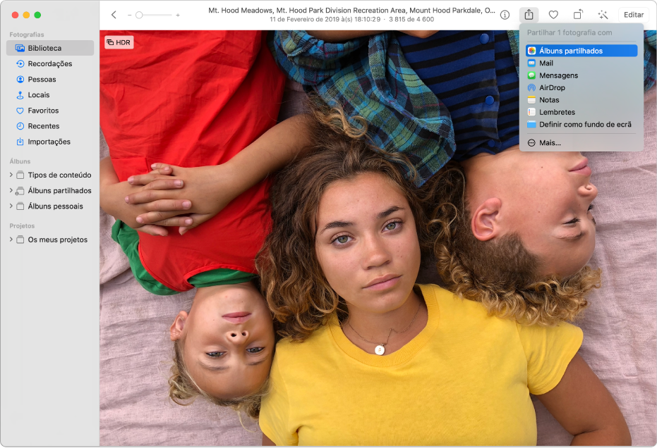 A janela de Fotografias a mostrar uma fotografia e o menu de partilha aberto por baixo do botão “Partilhar” na barra de ferramentas.