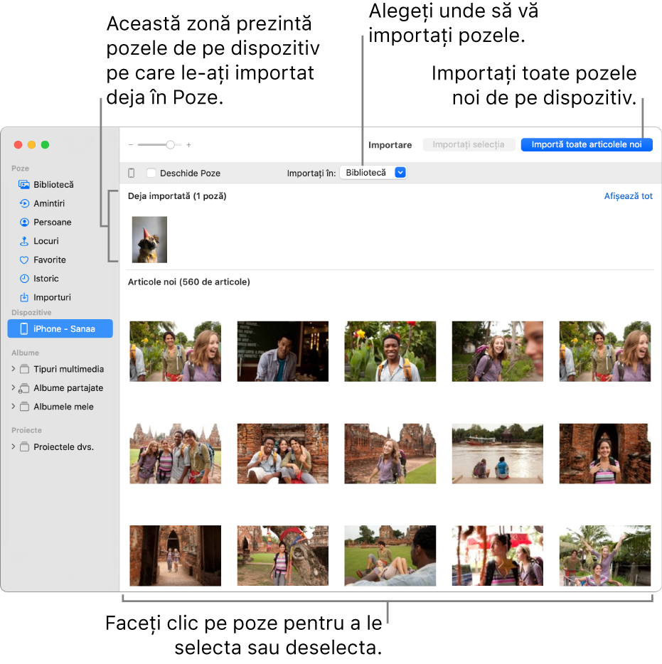 Pozele de pe dispozitiv pe care le‑ați importat deja sunt afișate în partea de sus a panoului; pozele noi sunt în partea de jos. Sus, în mijloc, se află meniul pop‑up “Importă în”. Butonul Importă toate articolele noi se află în dreapta sus.