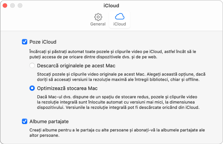 Panoul iCloud din preferințele Poze.