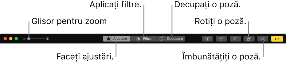 Bara de instrumente de editare afișând un glisor Zoom și butoanele pentru ajustări, adăugarea filtrelor, decuparea, rotirea și îmbunătățirea pozelor.