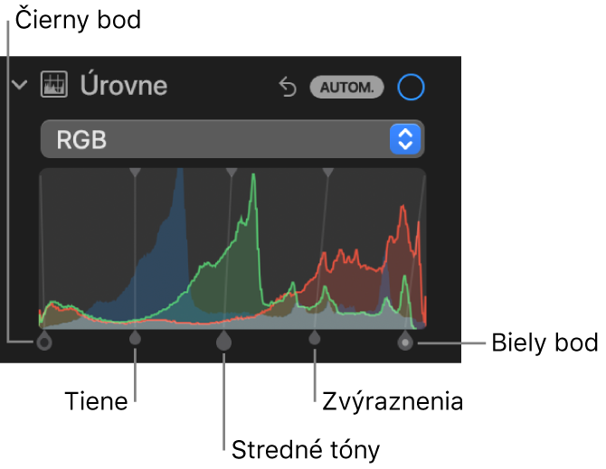 Ovládacie prvky Úrovne na paneli Úpravy zobrazujúce histogram RGB s úchytmi nižšie, vrátane (zľava doprava) čierneho bodu, tieňov, stredných tónov, zvýraznení a bieleho bodu.