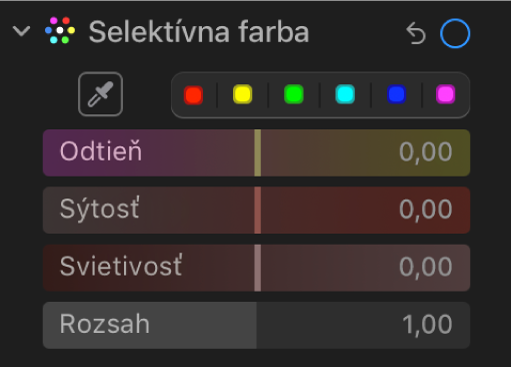 Ovládacie prvky Selektívna Farba na paneli Úpravy zobrazujúce posuvníky Odtieň, Sýtosť, Svietivosť a Rozsah.