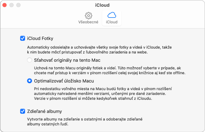 Panel iCloud v nastaveniach aplikácie Fotky.