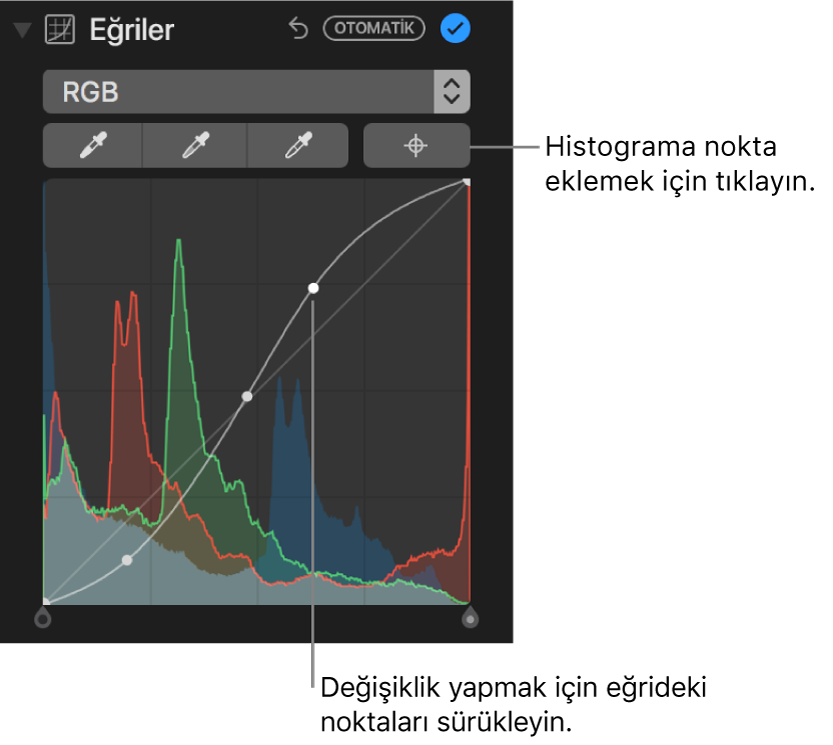 Sağ üstte Noktalar Ekle düğmesini ve altta RGB histogramını gösteren Ayarla bölümündeki Eğriler denetimleri.