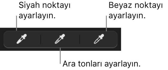 Fotoğrafın siyah noktasını, ara tonlarını veya beyaz noktasını ayarlamak için üç damlalık kullanılır.