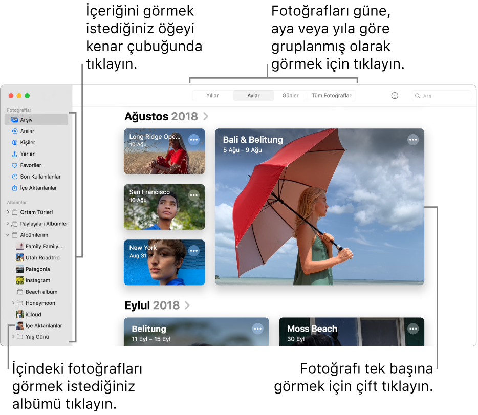 Araç çubuğunda seçilen Ayarlar’ı ve pencerenin ana bölümünde görünen aya göre düzenlenmiş fotoğrafları gösteren Fotoğraflar penceresi. Solda, albümleri ve projeleri seçebileceğiniz kenar çubuğu yer alır.