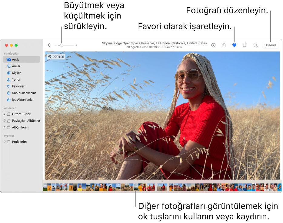 Altında bir satır küçük resimler ile sağda büyütülmüş bir fotoğraf gösteren Fotoğraflar penceresi. Üstteki araç çubuğu Büyütme/küçültme sürgüsünü, Favori düğmesini ve Düzen düğmesini içerir.