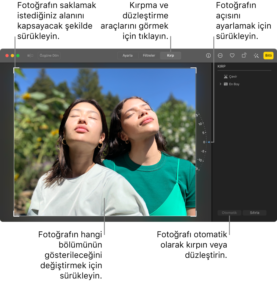 Düzenleme görüntüsünde bir fotoğraf, araç çubuğunda Kırp seçili, fotoğrafın etrafında bir seçim dikdörtgeni, fotoğrafın sağına doğru bir eğim tekerleği ve sağ altta bir Otomatik düğmesi.