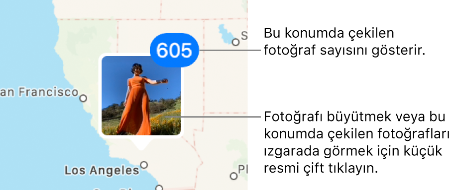 O konumda çekilmiş fotoğrafların sayısını gösteren sağ üst köşedeki sayı ile bir haritada fotoğraf küçük resmi.