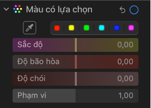 Các điều khiển Màu có lựa chọn trong khung Điều chỉnh, đang hiển thị các thanh trượt Sắc độ, Độ bão hòa, Độ chói và Phạm vi.