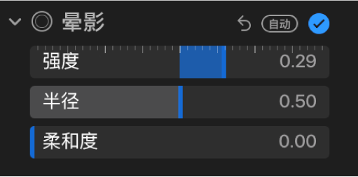 “调整”面板中的“晕影”控制，显示“强度”、“半径”和“柔和度”滑块。