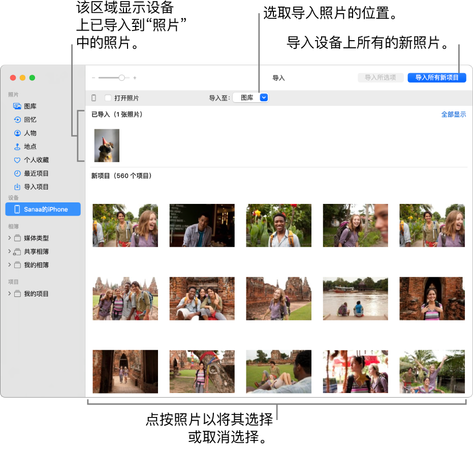 已经导入设备中的照片显示在面板的顶部；新照片显示在底部。中间顶部是“导入到”弹出式菜单。右上方是“导入所有新项目”按钮。