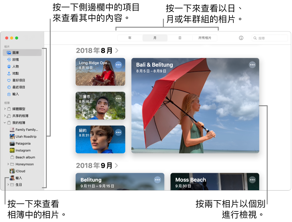 「相片」視窗顯示已在工具列中選取「月」和在視窗主要區域中顯示按月份整理的相片。左邊是讓你選取專輯和專案的側邊欄。