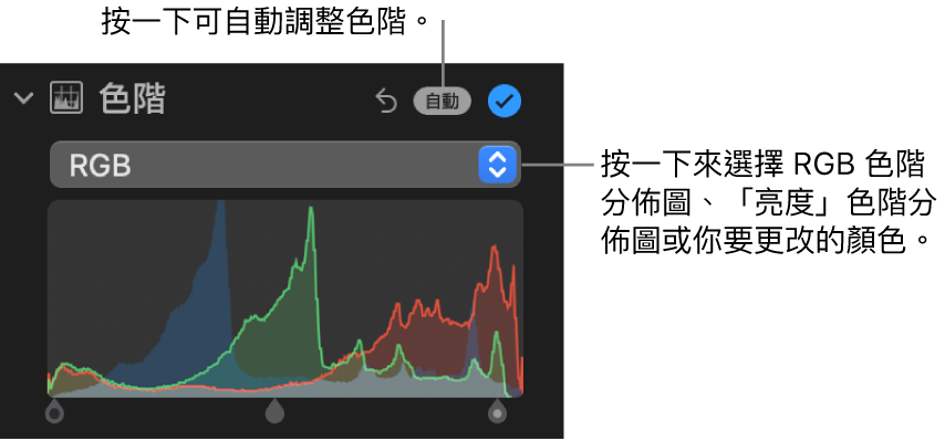 「調整」面板中的色階控制項目，其右上方為「自動」按鈕，下方則為 RGB 色階分佈圖。