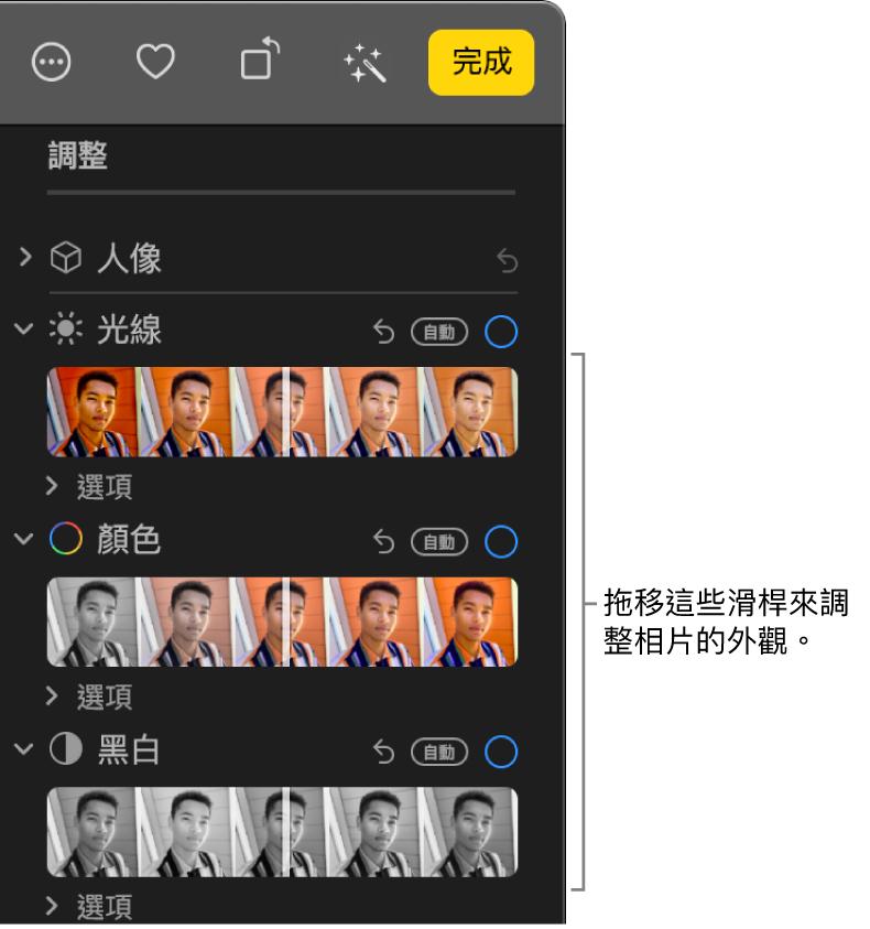 「調整」面板中的「光線」、「顏色」或「黑白」滑桿。每個滑桿上都有一個「自動」按鈕。