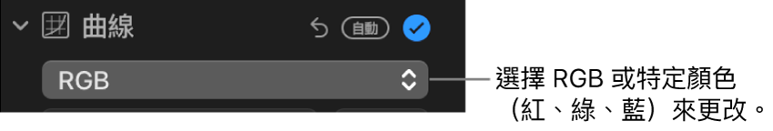 「調整」面板中的曲線控制項目顯示在彈出式選單中選擇了 RGB。