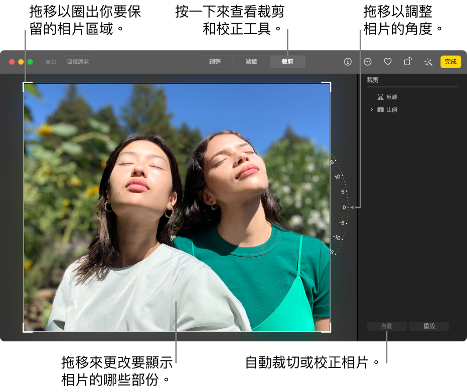 編輯畫面中的相片，工具列中已選取「裁切」，相片周圍顯示選取矩形，相片右側顯示移軸輪，而右下方則顯示「自動」按鈕。