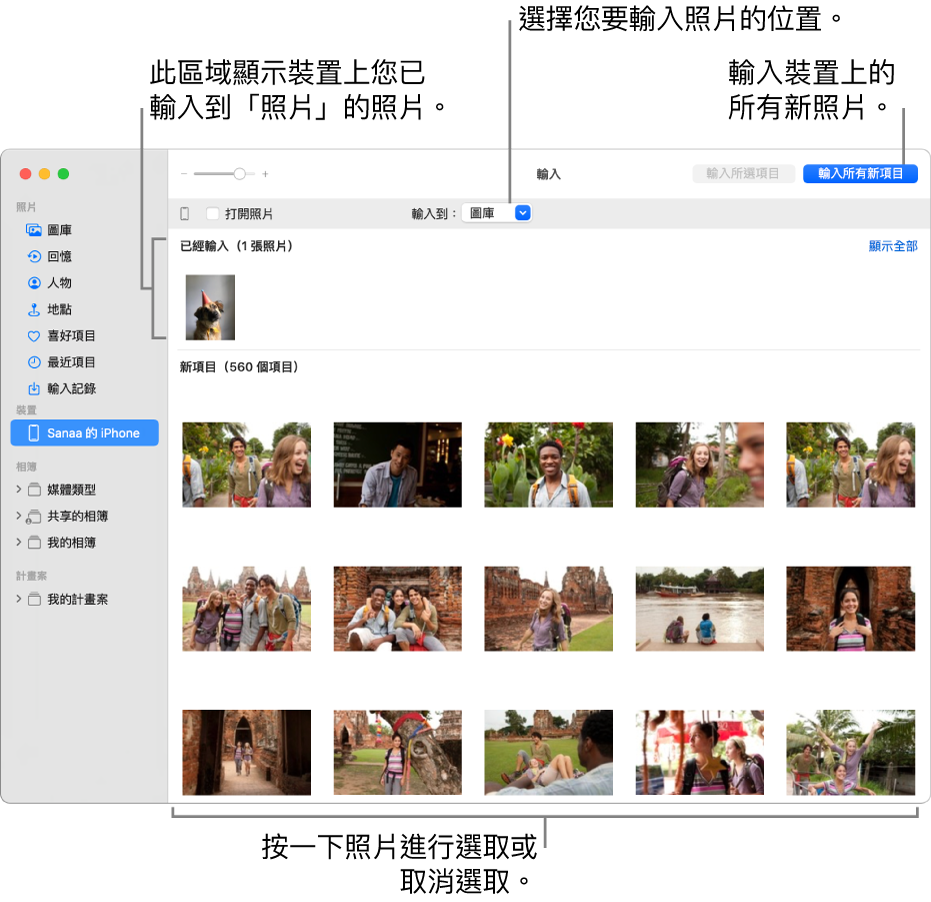 您已從裝置輸入的照片會顯示在面板最上方；新照片位於底部。最上方中間是「輸入到」彈出式選單。「輸入所有新項目」按鈕位於右上角。