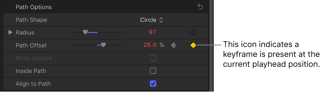 Informationsfenster mit Keyframe-Symbol im Animationsmenü des Parameters „Versatz des Pfads“