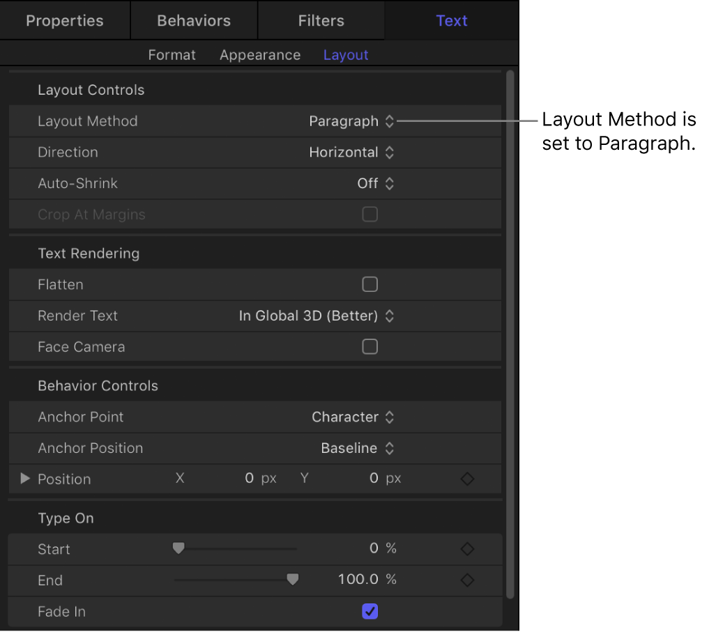 Layout Method pop-up menu set to Paragraph and active Margin controls, in Layout pane of Text Inspector