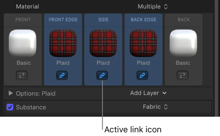 3D Text Inspector showing multiple materials selected and the active link icon