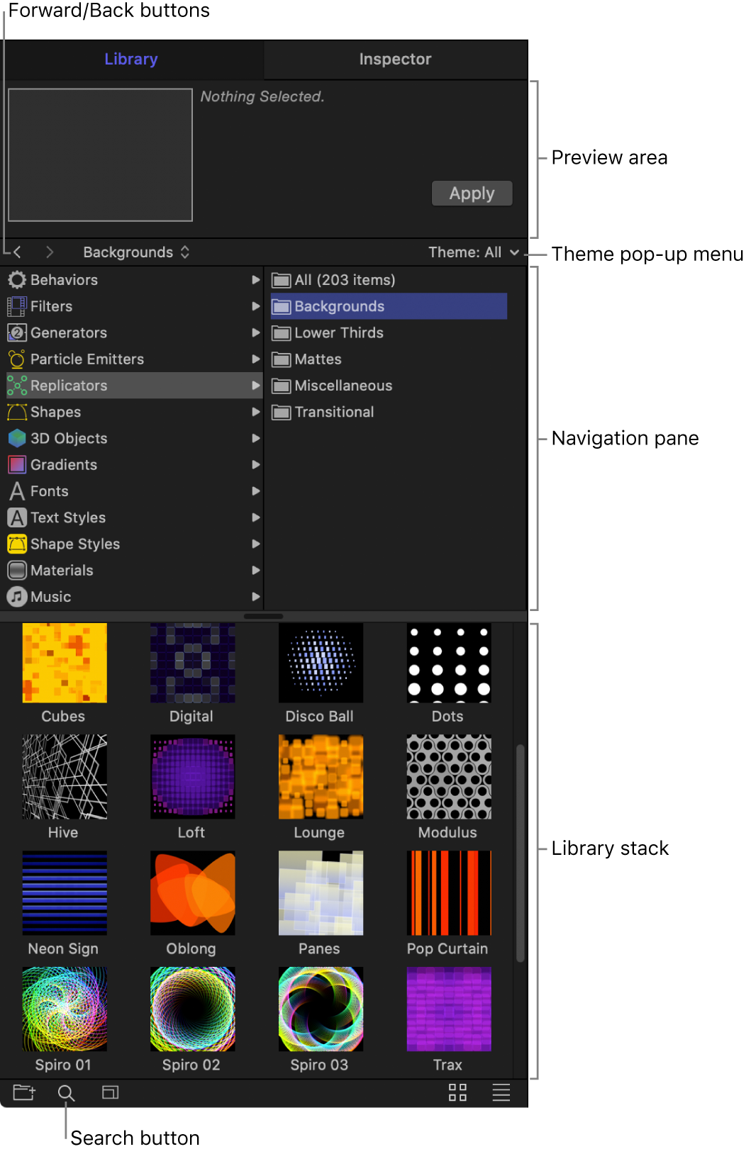 Areas of the Library: Preview area, forward and back buttons, Theme pop-up menu, navigation pane, Library stack, and the search button