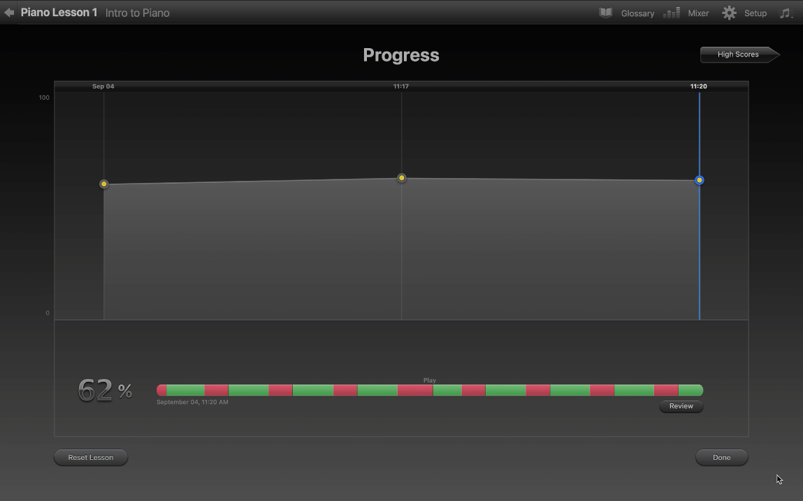 Learn to Play progress graph.