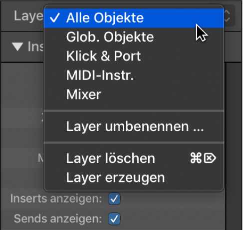 Abbildung. Einblendmenü „Layer“ mit der Liste der Layer