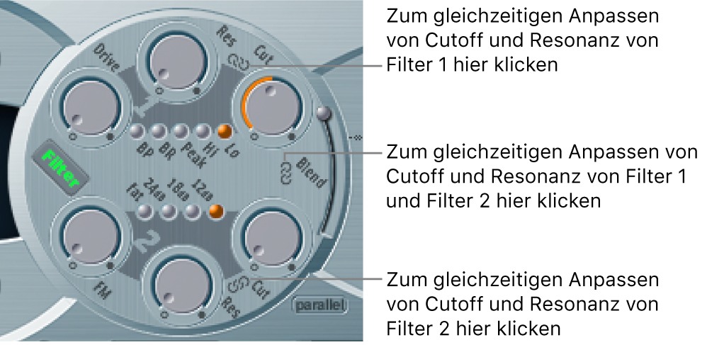 Abbildung. Filter-Parameter, der Kettensymbole zwischen Parametern und Filtern zeigt, die das gleichzeitige Steuern von mehreren Parametern ermöglichen.