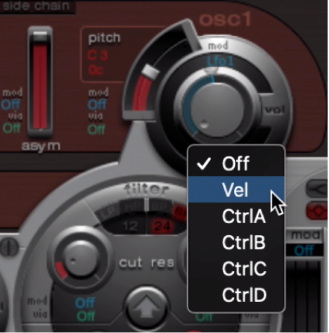 Abbildung. Anpassung der via-Modulation von Oscillator 1 und Einblendmenü