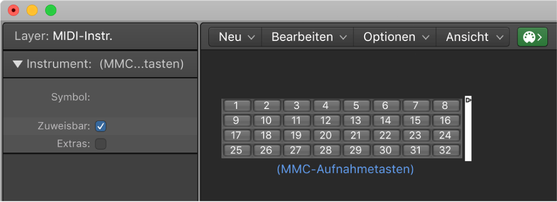 Abbildung. Environment-Fenster mit Anzeige eines MMC-Aufnahmetasten-Objekts und des zugehörigen Informationsfensters