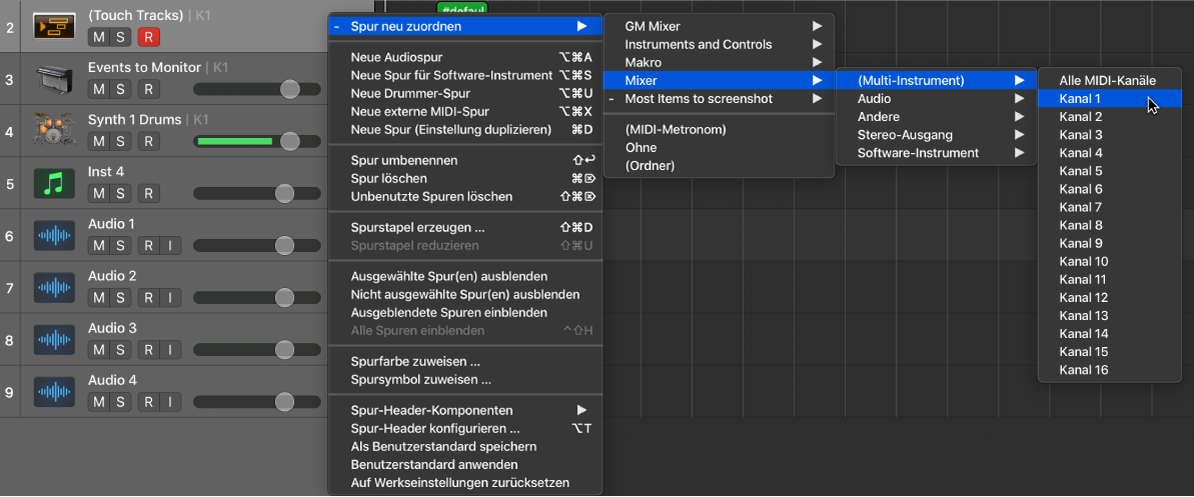 Abbildung. Suchen nach dem Mapped Instrument im Kontextmenü „Spur neu zuordnen“ im Bereich „Spuren“