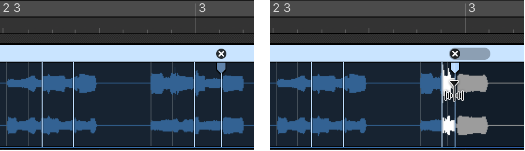 Abbildung. Zwei Audioregionen, mit Region vor und nach dem Verschieben eines Flex-Markers nach links und mit Überlappung des vorherigen Flex-Markers