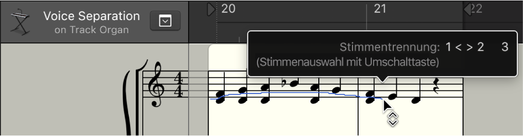 Abbildung. Werkzeug „Stimmtrennung“ zwischen zwei Noten im Notationseditor