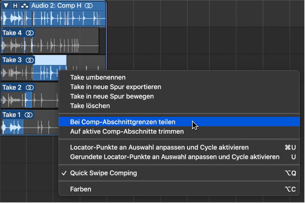 Abbildung. Auswählen von „An Comp-Abschnittgrenzen teilen“ aus dem Kontextmenü