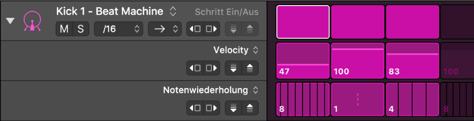 Step Sequencer-Zeile mit eingeblendeten Unterzeilen