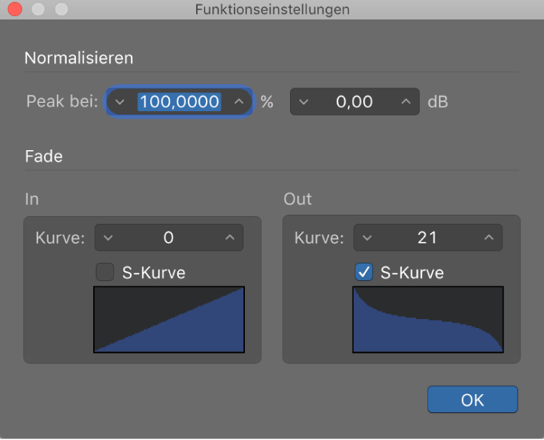 Abbildung. Fenster „Funktionseinstellungen“ mit S-förmiger Kurve für Fade-Out