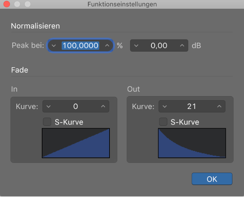 Abbildung. Fenster „Funktionseinstellungen“ mit bearbeitetem Kurvenwert für Fade-Out