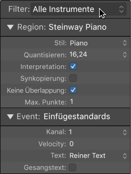 Abbildung. Menü „Notationsset“ im Informationsfenster